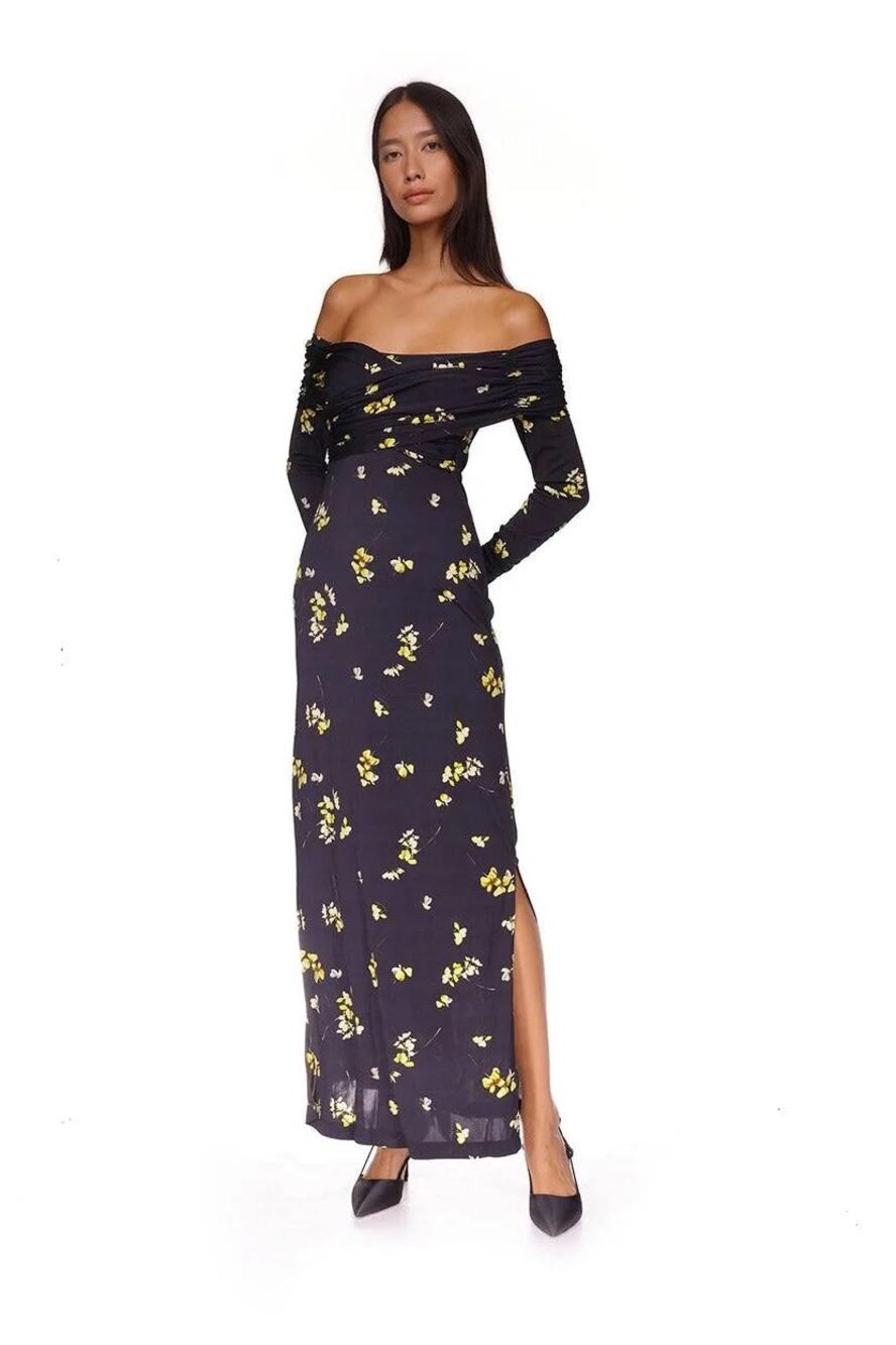 Cara Cara Mirana Black Floral Off Shoulder Viscose Maxi Dress L